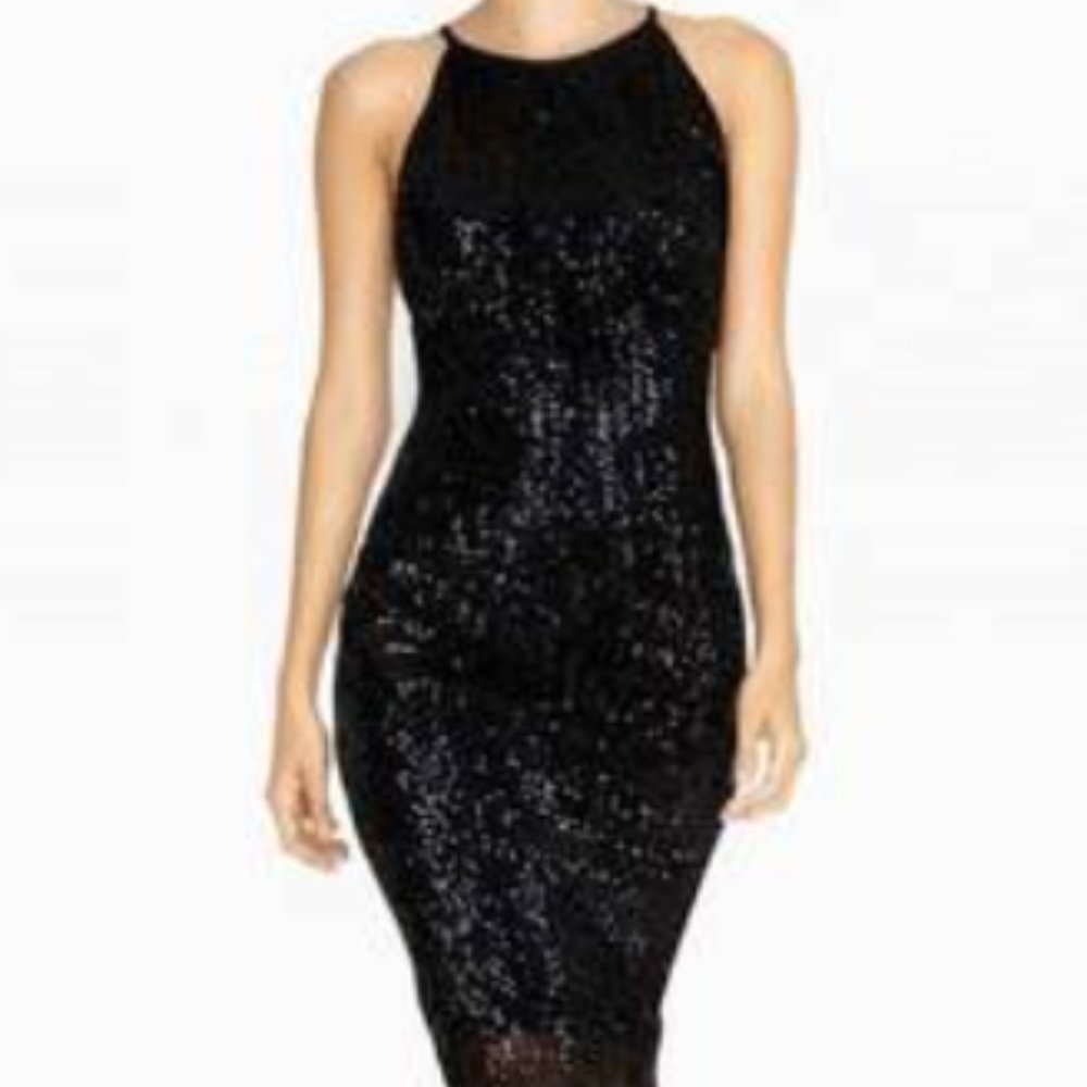 Little Mistress London Black Sequin Sheath Dress Size 8 NEW WITH TAGS